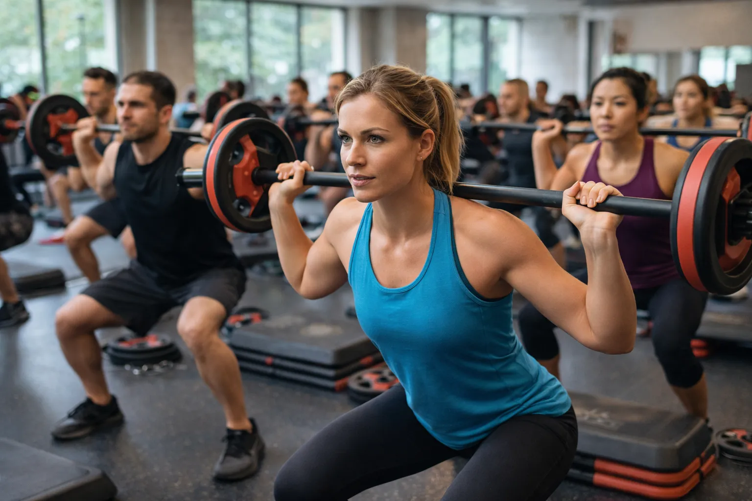 A group fitness class taking place in a sports centre studio