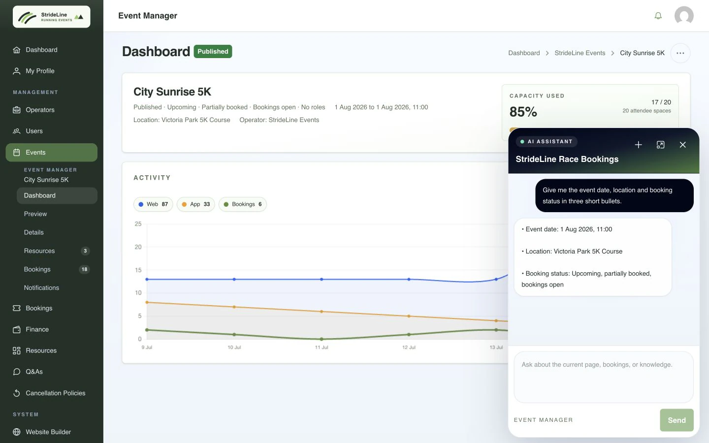 StrideLine portal showing the Deacova AI assistant answering an event capacity question in context