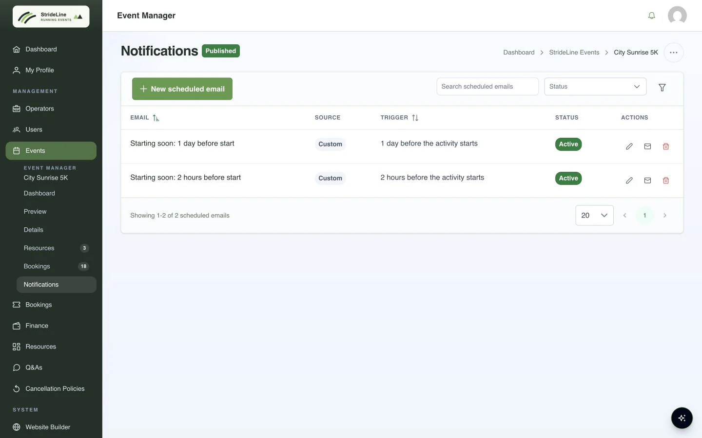 StrideLine portal showing scheduled email reminders for the City Sunrise 5K