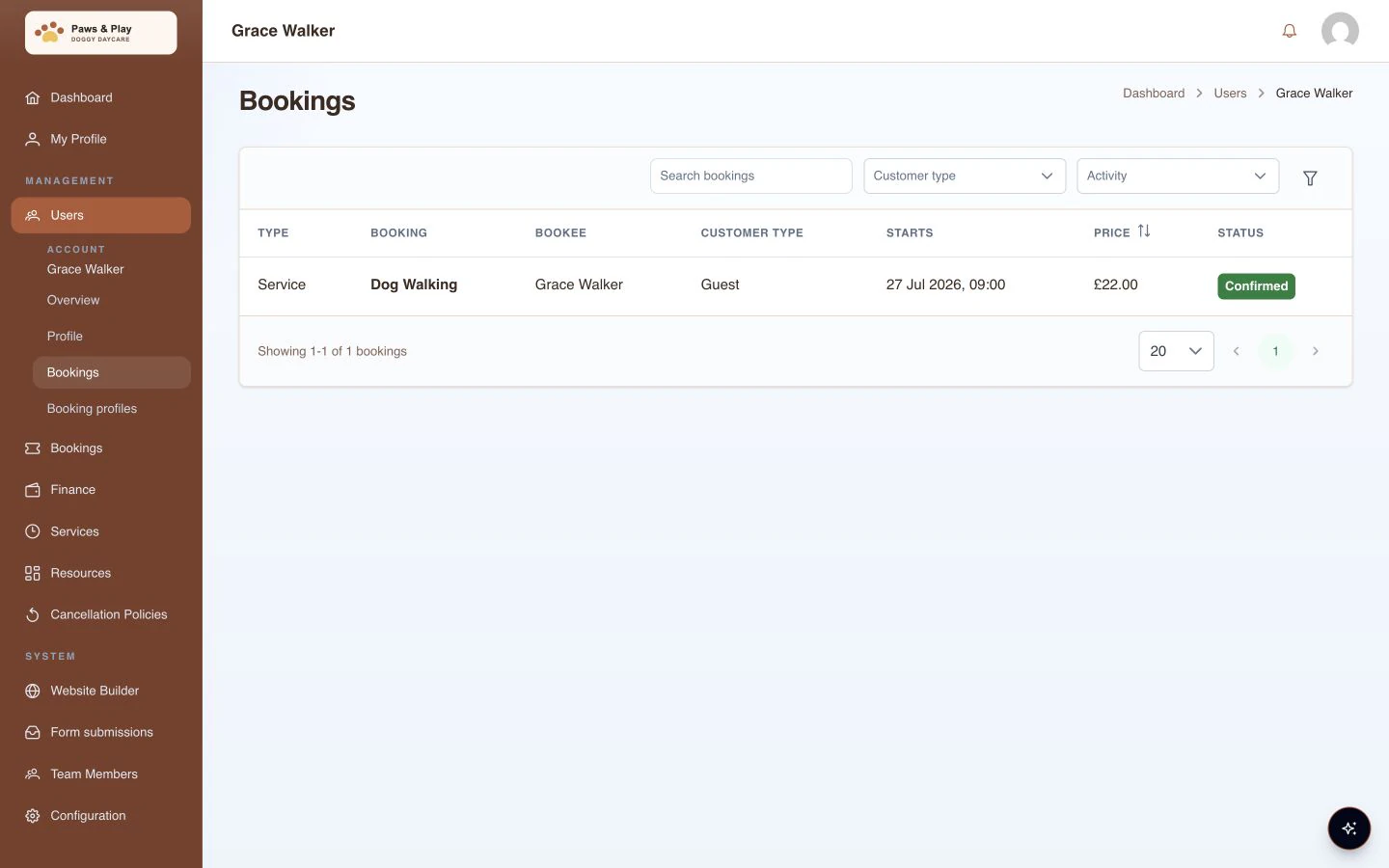 Paws & Play portal showing Grace Walker’s confirmed dog walking booking history