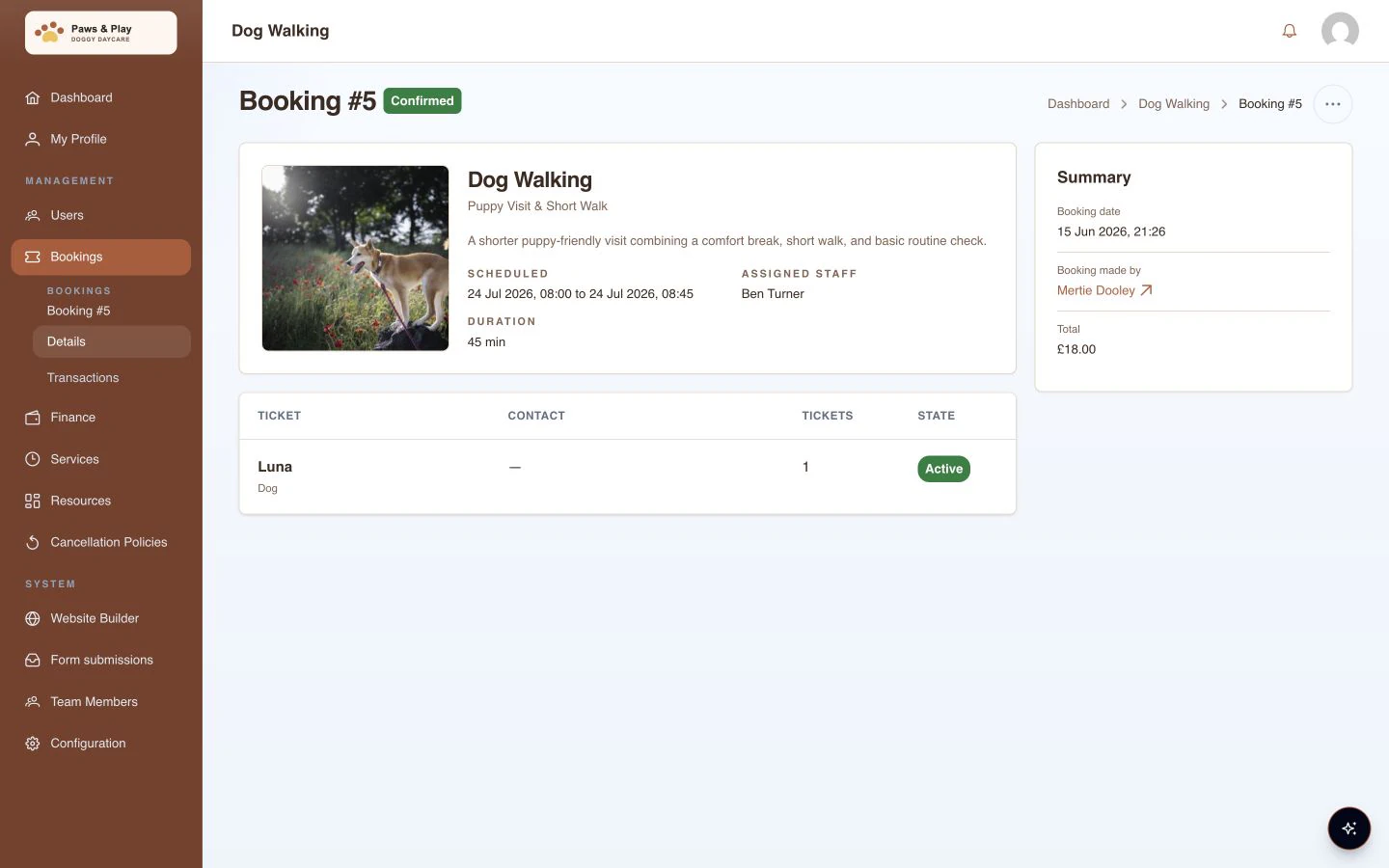 Paws & Play portal showing a confirmed dog walking booking for Buddy