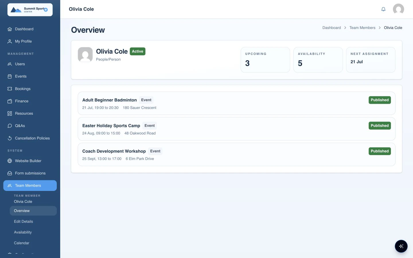 Summit Sports Center portal showing a staff resource and its upcoming scheduled activities