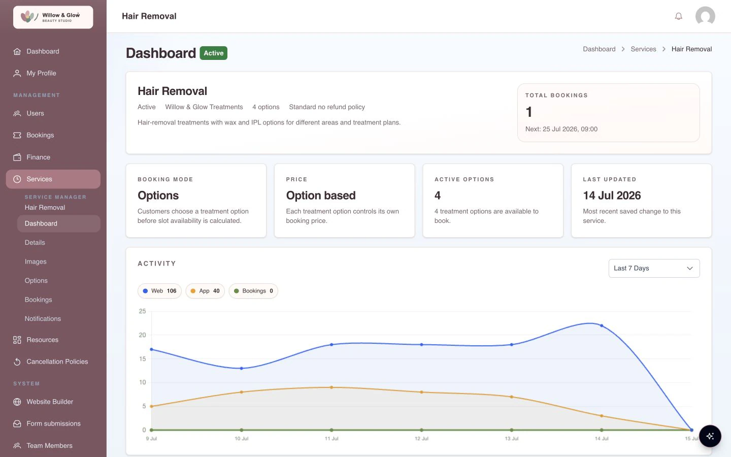 Willow & Glow portal showing a hair removal service dashboard with bookings, options, pricing, and activity
