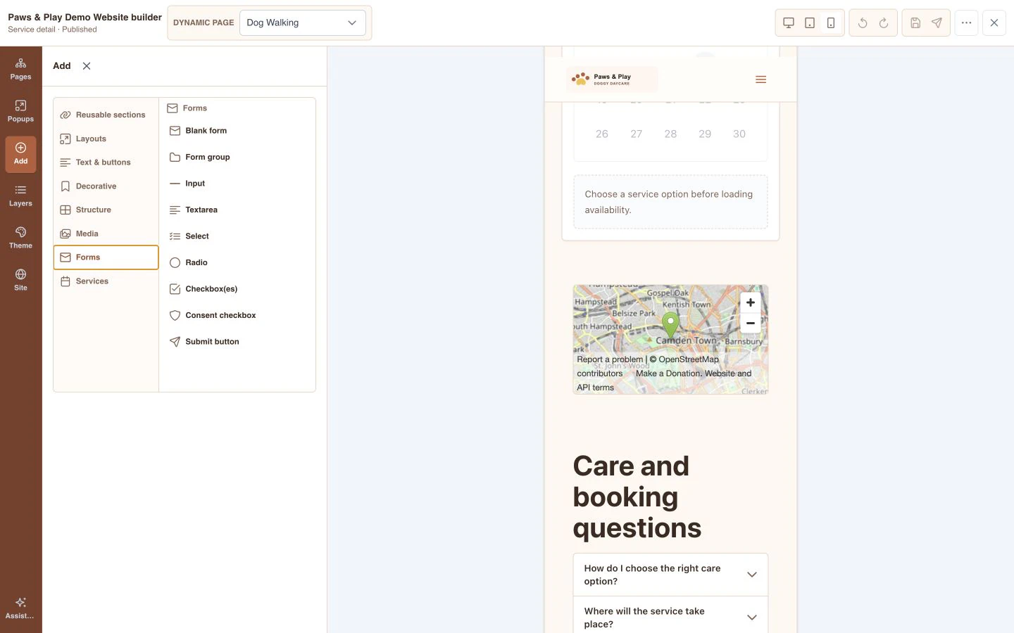 Paws & Play website builder showing controlled form fields beside a live service page