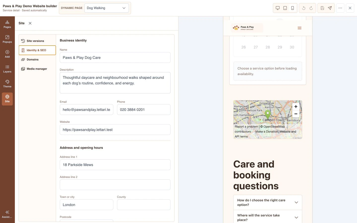 Paws & Play website builder showing business identity, routing, social, and search settings