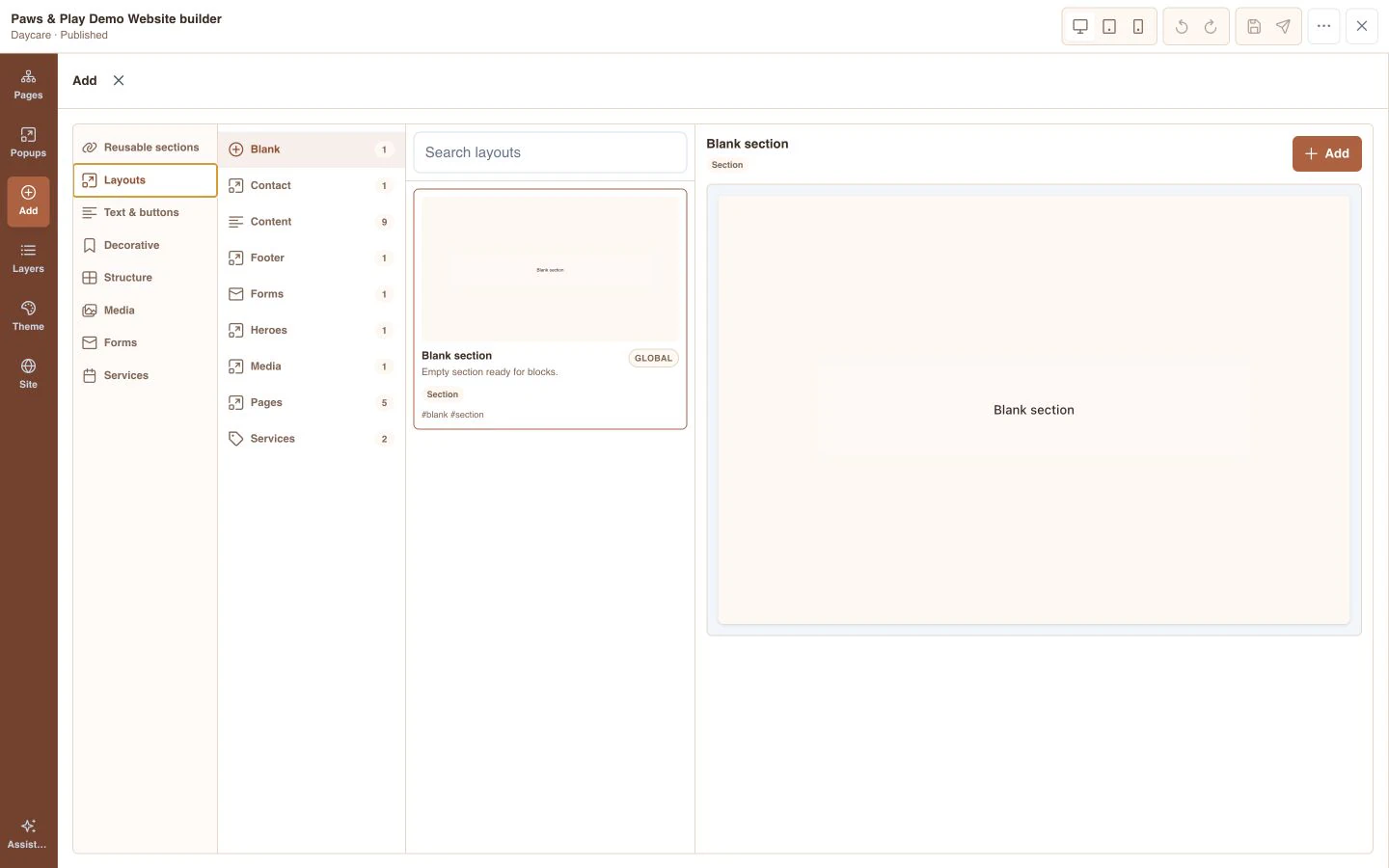 Paws & Play website builder showing searchable reusable layouts and section categories