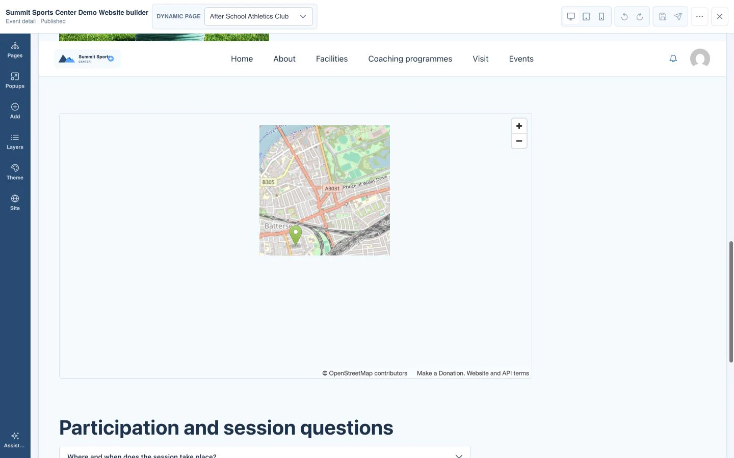 Summit Sports Center website builder previewing a live event template with event, location, and booking content